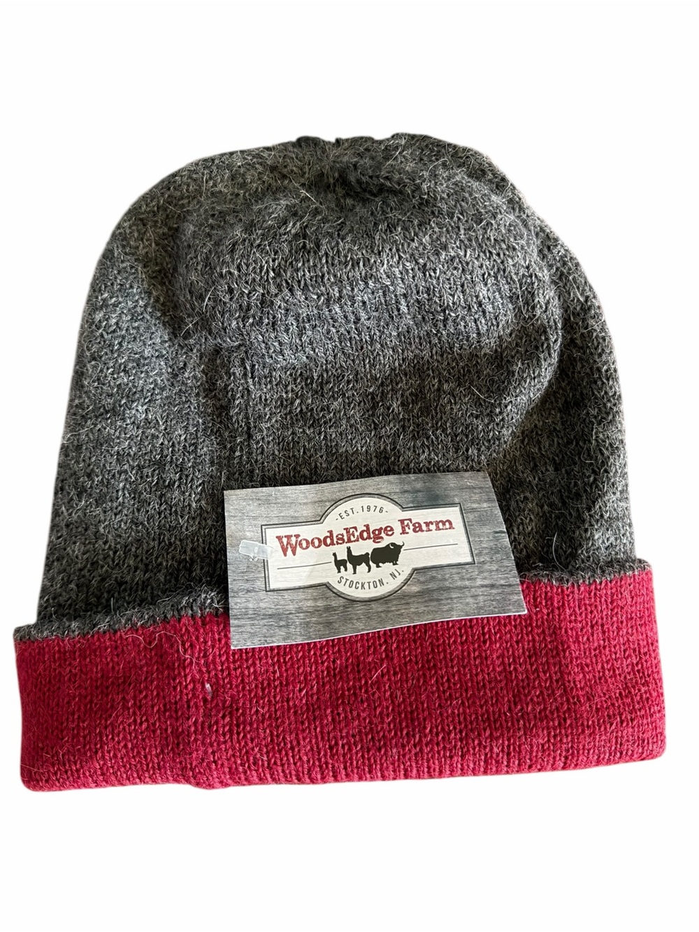 WoodsEdge Farm Two-Tone Knit Beanie - Gray & Raspberry Red 100% Alpaca‎ New